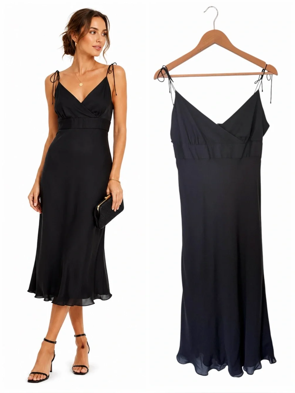 J.Crew Vintage 100% Silk Black Midi Dress 12 Tie Strap Y2K Cocktail